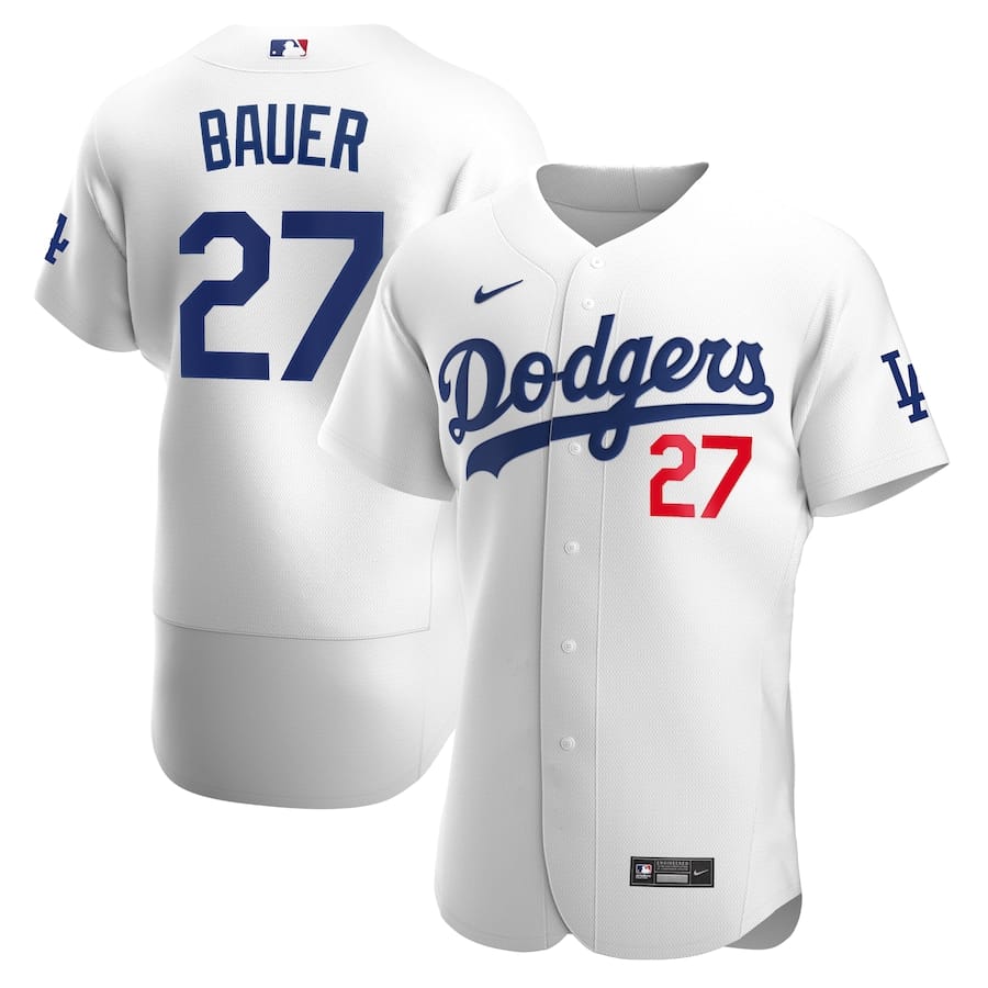 Men's Los Angeles Dodgers #27 Trevor Bauer White MLB flex base Sttiched Jersey Men's Los Angeles Dodgers #27 Trevor Bauer White MLB flex base Sttiched Jersey